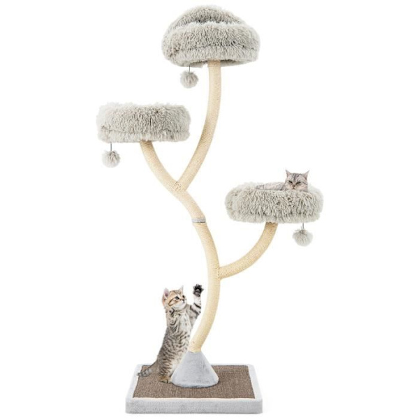 COSTWAY Cat Tree 178 cm, 3 riippupalloa, 3 ahventa, sisal-raapimistolppa, Cat Tower kaareva metallirunko, harmaa