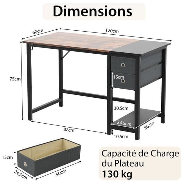 COSTWAY 140 cm computerbord, med 2 skuffer, hængekrog, opbevaringshylde, brun Rustik brun + sort