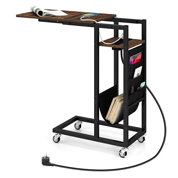COSTWAY rullende C-formet sidebord med ladestation, med udtrækkelig bakke, opbevaringslomme, brun