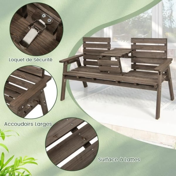 COSTWAY Fir Wood Trädgårdsstol med hopfällbart mittbord, för 2-3 personer, med ryggstöd och armstöd, belastning 320 kg