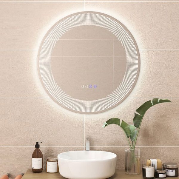 COSTWAY Ø 60 cm Badeværelsesspejl med Mønster - LED, Anti-dug, 3 farver, Hukommelsesfunktion, Tid/Temperatur Display, IP44