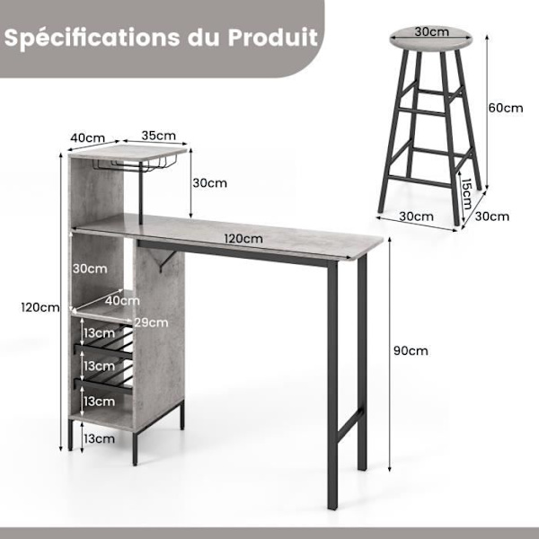 COSTWAY Set med högt barbord med hyllor, matbord med 2 pallar, 120 x 40 x 120 CM, industriell stil, grå