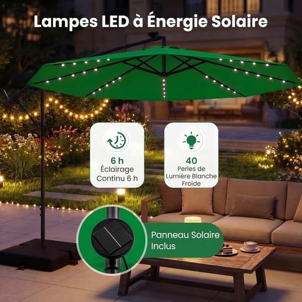 COSTWAY Parasol med 3M Udspring med 40 LED-lamper, Solpanel 6 Timer, Krydsbase, Sandpose, UV 20+ Polyesterstof
