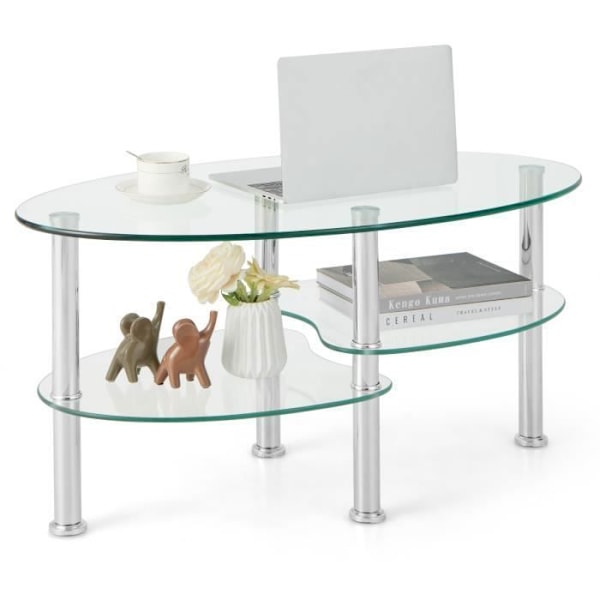COSTWAY Ovalt Soffbord i härdat glas med 3 nivåer, 89 x 51 x 45 CM, Modern soffbord med metallben, transparent Transparent
