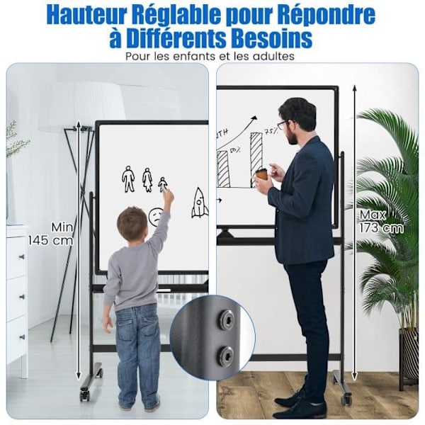 COSTWAY Magnetic Whiteboard 120 x 80 cm Dubbelsidig vändbar torrradering 2 justerbar höjd 4 mobila hjul Svart