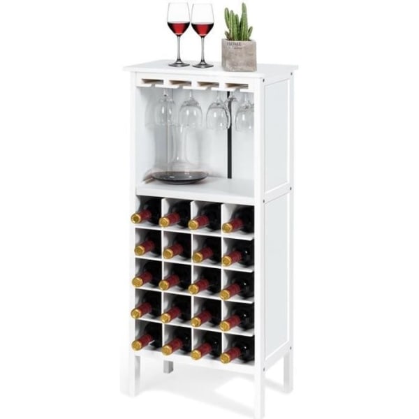 COSTWAY Pine Wine Rack 20 flaskkapacitet och mugghållare, 42x24,5x96 cm för källare, kök, vardagsrum, vit