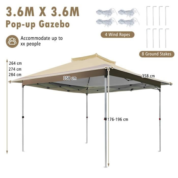 COSTWAY Instant Garden Gazebo 3,6x3,6 m - Anti-UV, Vattentät - 3 höjder - Hjulförsedd väska - Ventilerad topp - 4 till 6 personer