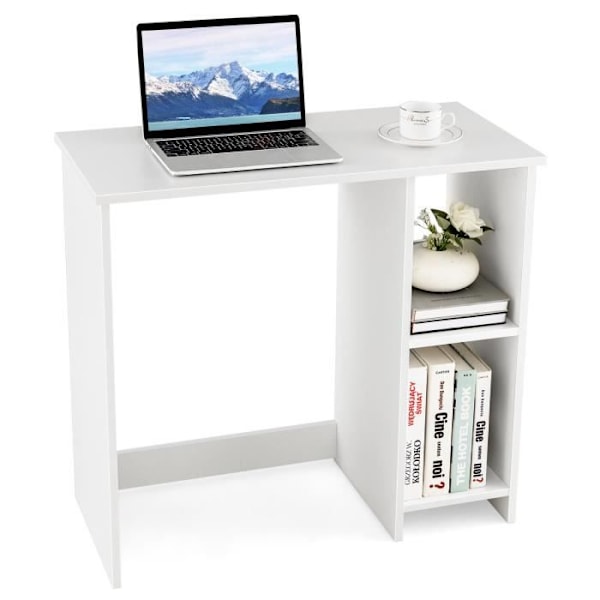 COSTWAY Modernt skrivbord med 2 hyllplan - 80 x 40 x 74 CM (L x B x H) MDF Vit högblank melaminfinish