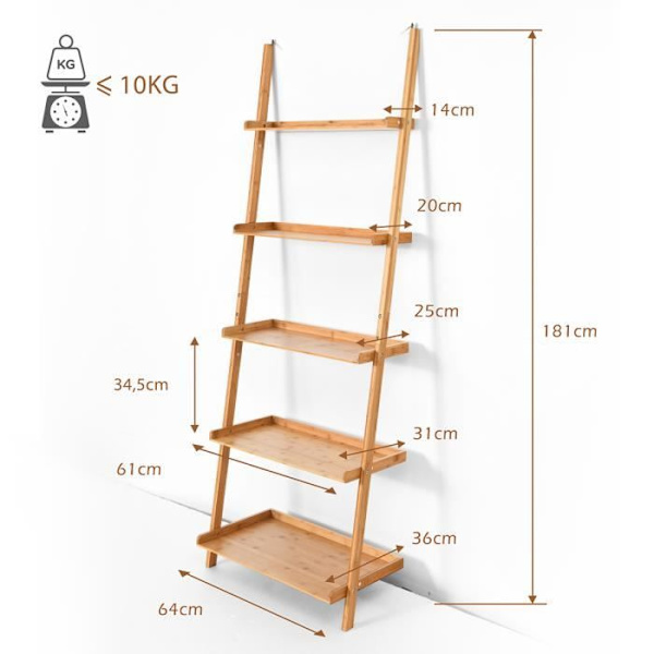 COSTWAY Bambusbibliotek med 5 niveauer, 64 x 36 x 181 CM, Bibliotek/Opbevaringsmøbel, Anti-tipper enhed