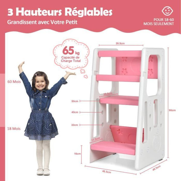 COSTWAY Toddler Learning Tower 3 justerbare højder og anti-slip fodstøtte HDPE dobbelte sikkerhedsskinner Pink Rosa