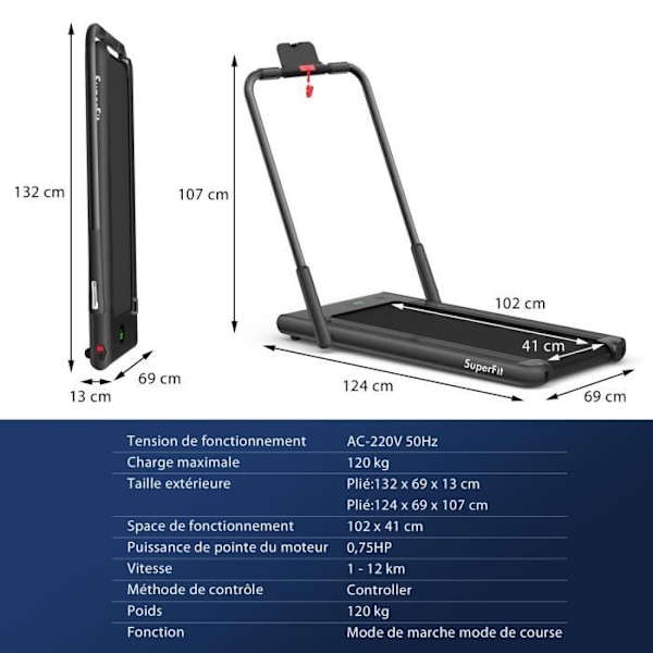 COSTWAY kokoontaitettava juoksumatto APP Control 1-12 KM-H 0,75HP moottori Bluetooth-kaiutin Kuljetuspyörän LED-näyttö musta