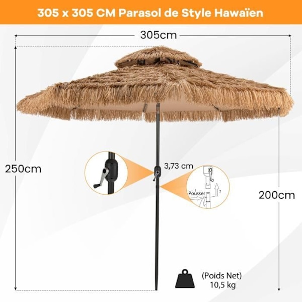 COSTWAY Beach Paraply 305 cm lutande sugrör PE-32 LED och centralljus, 8 valar Manuell vev Hawaiian Style Naturlig