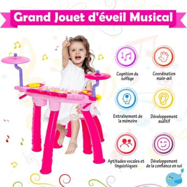 COSTWAY Baby Musical Toy 24 tangenter klaver og tromme percussion med skammel, mikrofon, LED-lys til børn i alderen 3+, Pink