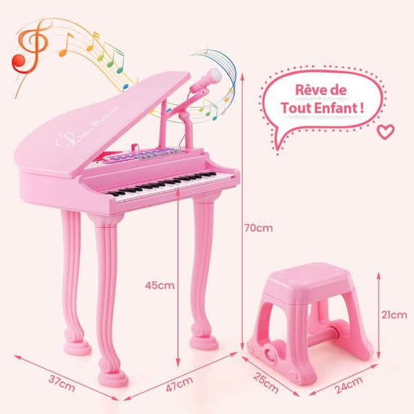 Klaver til Børn 37 Taster med Taburet COSTWAY Mikrofon, 3 Undervisningsmetoder LED, MP3 8 Musikstile, 22 Sange Rosa