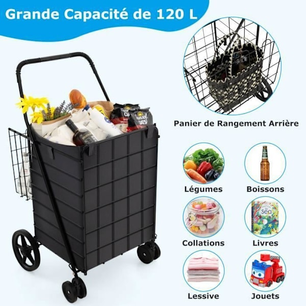 COSTWAY-2 Indkøbskurv Indkøbsvogn (100L+22L)-Vandtæt Oxford Taske-Foldbar Indkøbsvogn 4 Hjul 2 Drejelig 360°-Kapacitet 40KG-Sort