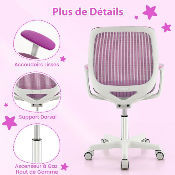 COSTWAY Ergonomisk vridbar kontorsstol för barn 6-15 år, 5 bromshjul, justerbar sitthöjd 43-55 cm, lila