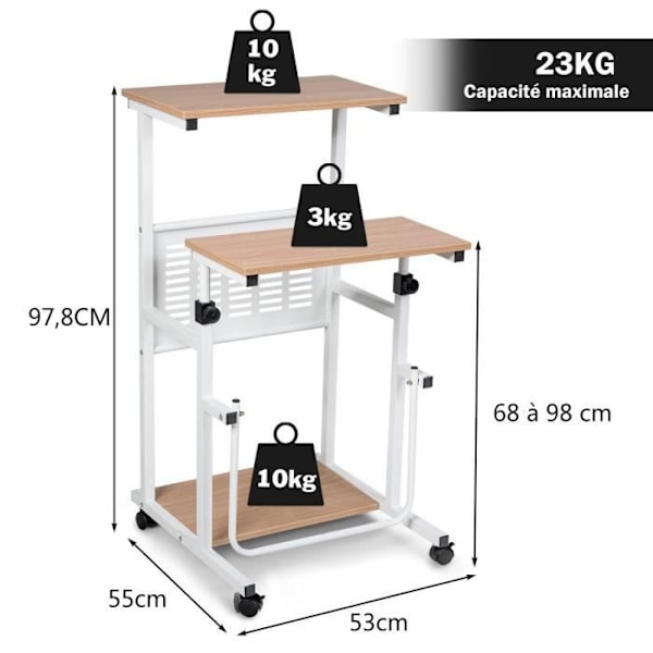 COSTWAY computerbord med hjul Dobbelt top Justerbar højde 68-98 cm printerstøtte, fodstøtte Beige