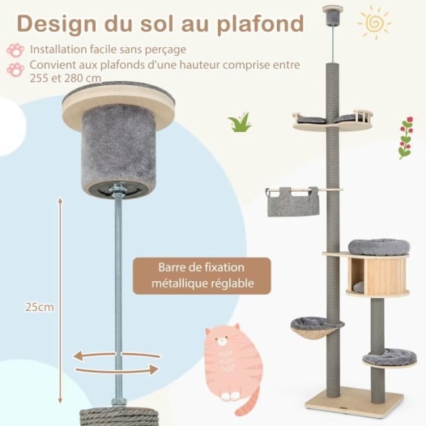 COSTWAY Kattträd från golv till tak, justerbar höjd från 255 till 280 CM, plattform, katttorn med hängmatta, skrapstolpar Grå och naturlig