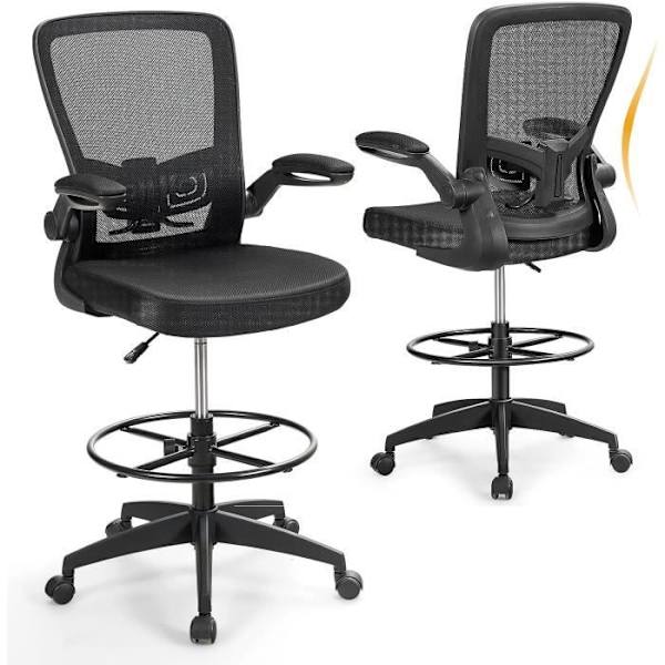 COSTWAY Ergonomisk mesh-lænestol på hjul, sammenklappelige armlæn med fodstøttering, højdejusterbar sort