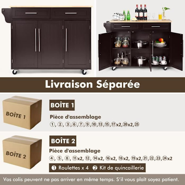 COSTWAY keittiövaunu pyörillä, Kitchen Island veitsenpidikkeellä, pyyheteline, 3 ovea ja 2 laatikkoa, kahvi