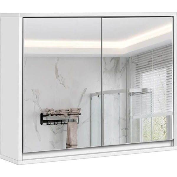 COSTWAY WC-skåp, väggmonterat badrumsskåp med HD-spegel, 55 x 14 x 45 CM med 2 dörrar, 2 vita hyllor