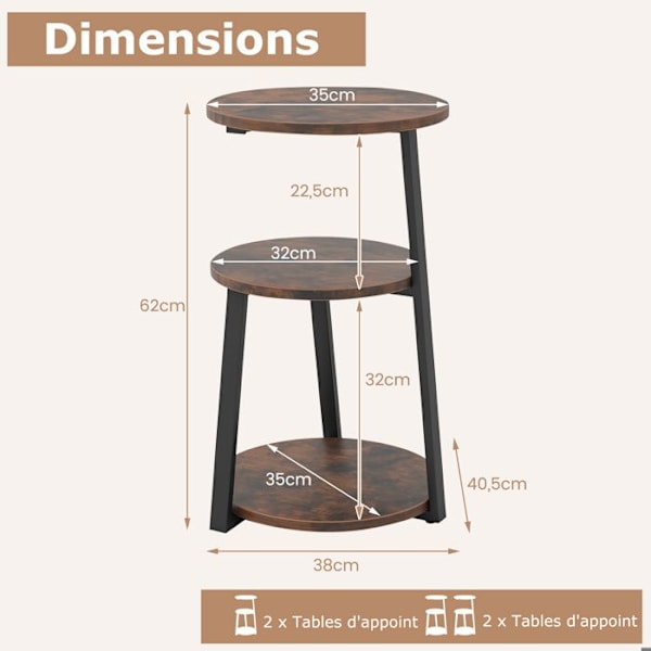 COSTWAY Set med 2 runt soffbord med 3 våningar, sidobord med justerbara glider, sängbord för vardagsrummet i sovrummet Rustik brunt och svart