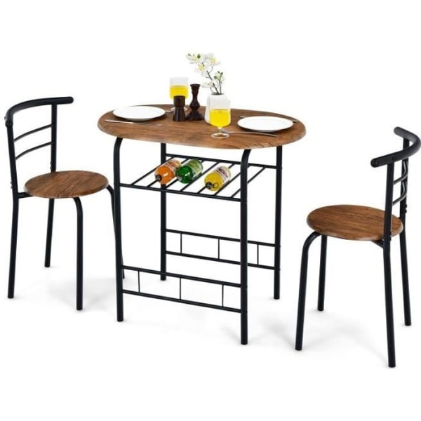 COSTWAY Spisebordsensemble med 2 Stole, Køkkenbord: 80 x 53 x 75 cm (L x B x H) Brun + Sort Metalramme Brun + Svart