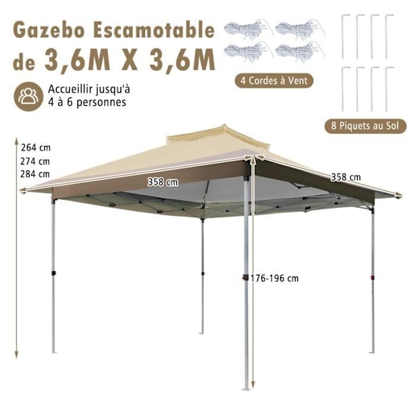 COSTWAY Instant Garden Gazebo 3,6x3,6 m - Anti-UV, Vattentät - 3 höjder - Hjulförsedd väska - Ventilerad topp - 4 till 6 personer