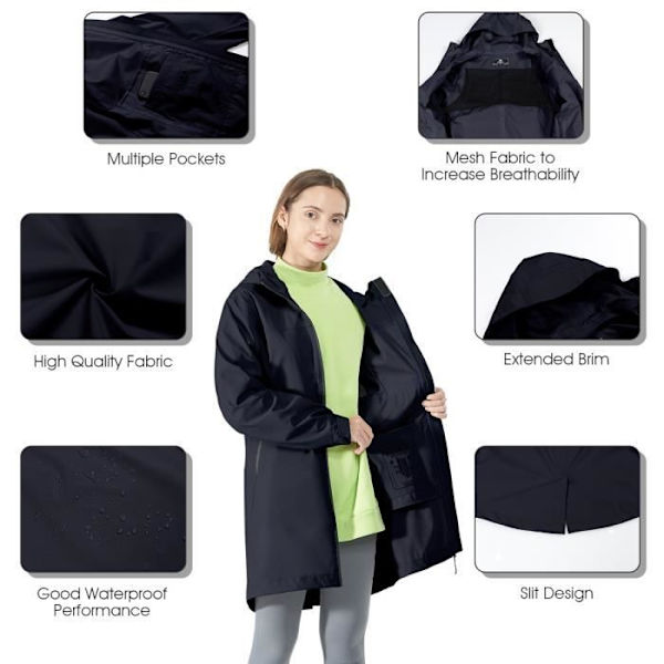 COSTWAY trenchcoat dam regnjacka med huva, vattentät vindtät nylon utomhusjacka blå för resor Blå M