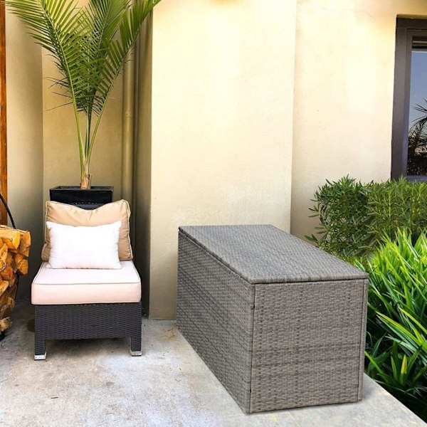 COSTWAY Haveopbevaringsboks 335L i PE Rattan, Maks 120 kg, Stålramme med 2 hylder 115 x 60 x 65 CM Grå