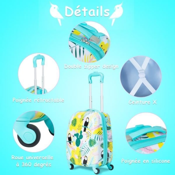 COSTWAY barnväska på hjul 16'' barnbagage + 12'' Flamingo barnryggsäck Grön