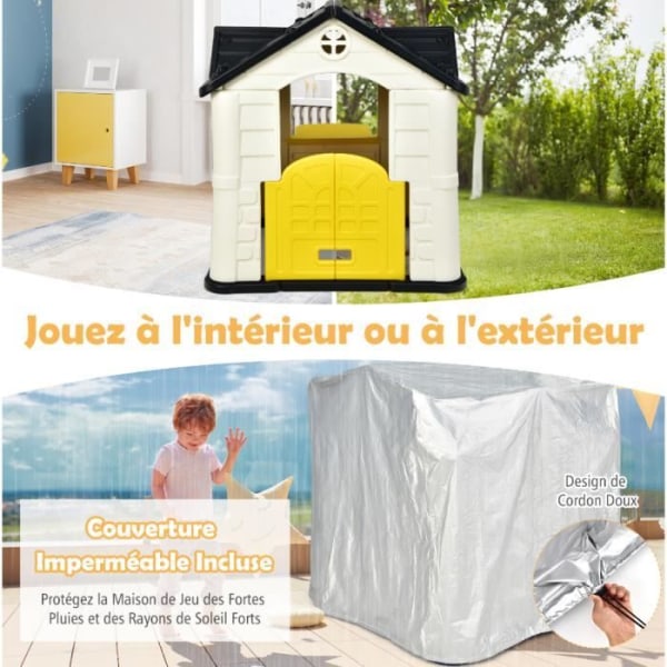 COSTWAY lekstuga för barn - 164x124x132 CM, lekhus med picknickbord, trädgårdsstuga i anti-UV HDPE gul Beige och gul