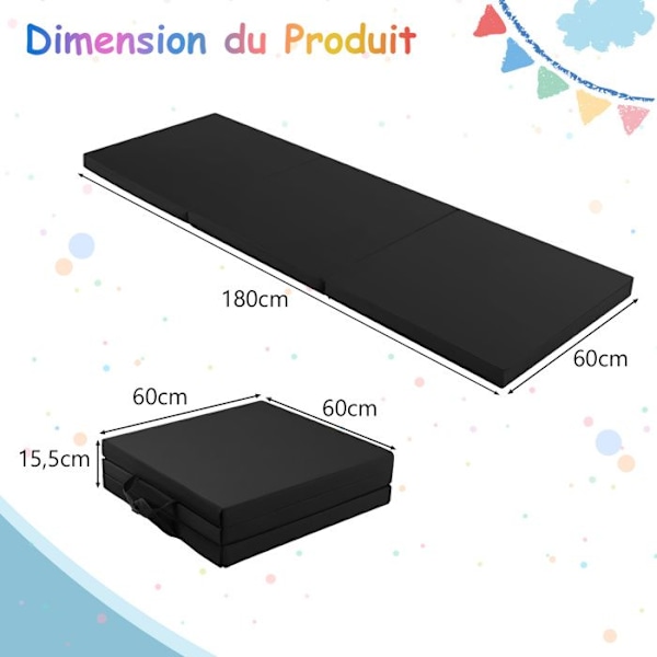 COSTWAY kokoontaittuva kuntosalimatto-180 x 60 x 5 cm-3 kerros kahva-koukku- ja silmukkakiinnikkeillä-vedenpitävä PU EPE -täyte-musta