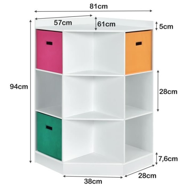 COSTWAY-kulmasäilytysyksikkö, jossa 9 syvennystä, lasten kulmakirjahylly ylähyllyllä, 3 kuitukangaslaatikkoa, valkoinen