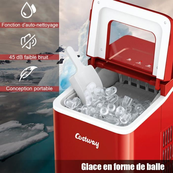 Kannettava COSTWAY-jääpalakone 12 kg/24 h 9 jääkuutiota per 8 min 1,6 litran säiliö, itsepuhdistuva, LCD-näyttö 120 W, Home Red Röd