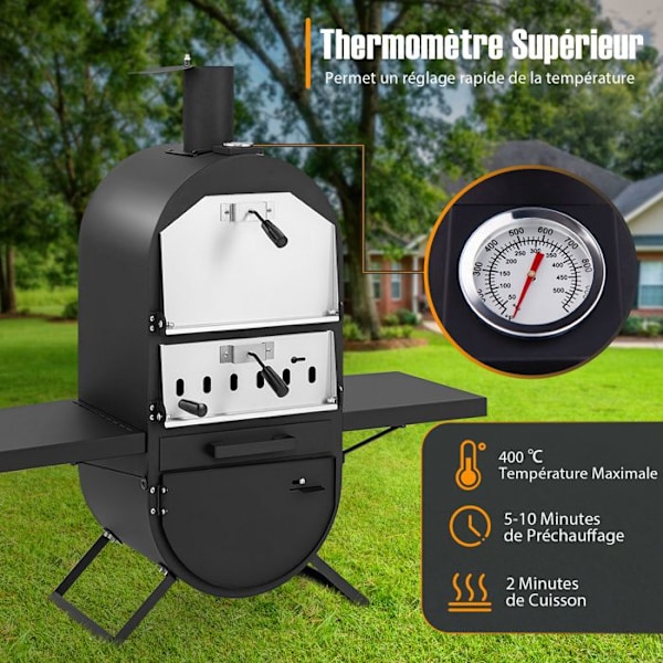 COSTWAY Udendørs Brændefyret Pizzaovn-Bærbar-2-lags kogezone-Regndæksel-Sidehylder-Termometer-Sten 31cm