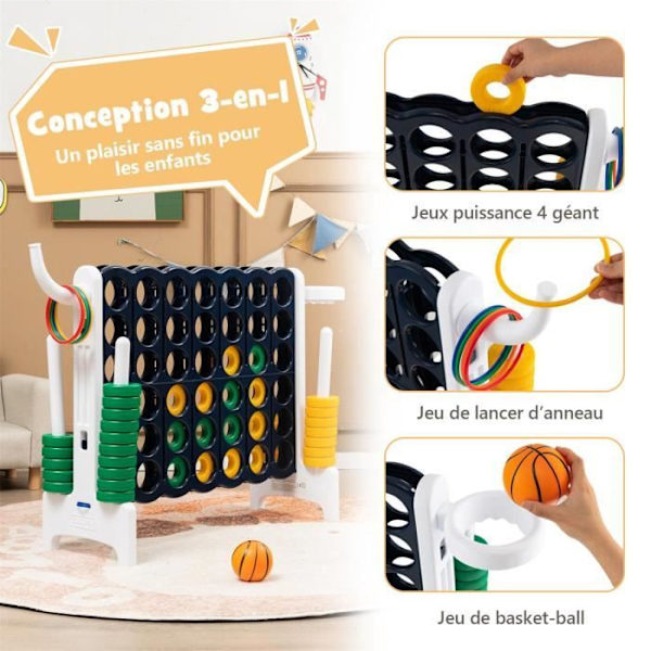 COSTWAY Giant Connect 4 spel för barn Multifunktion 3 i 1 med Basket Hoop Side Rings Game 42 Ringar Vit Marinblå och vit