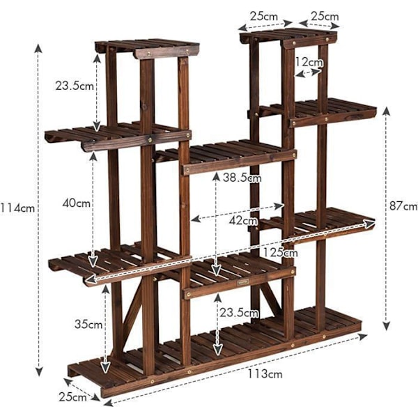 COSTWAY Puutarha-teline Puusta 125 x 25 x 114 CM, 9 Hyllyä 18 Ruukulle, Kukkateline Terassille Puutarhaan Parvekkeelle Olohuoneeseen Naturlig