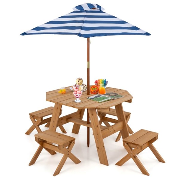 COSTWAY 6 STK Havebordssæt med 4 skamler og aftagelig parasol til børn 3 år+, picnicbord i naturtræ