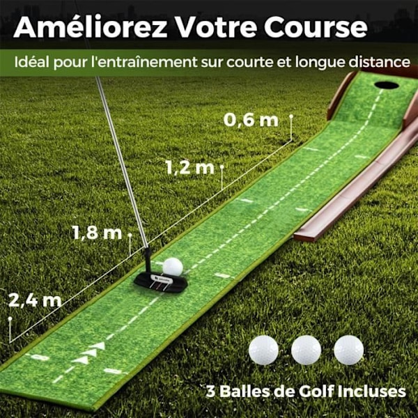 COSTWAY 277 cm Roll-Up Golf puttemåtte - Automatisk retur - 3 golfbolde - 4 justeringsguider - Magnetisk returholder