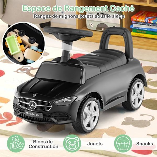 COSTWAY Mercedes-Benz lasten kantolaukku, jossa ohjauspyörä, äänitorvi, moottorin ääni, säilytystilaa istuimen alla, 12-36 kuukautta, musta