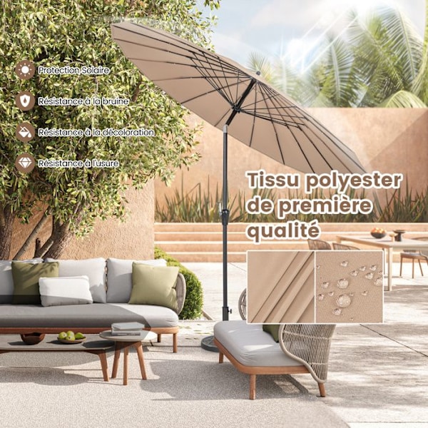 COSTWAY Terrasseparasol Dia. 265CM, med 18 Spidse i Glasfiber, Knap-vippemekanisme, Vippehåndtag, Brun