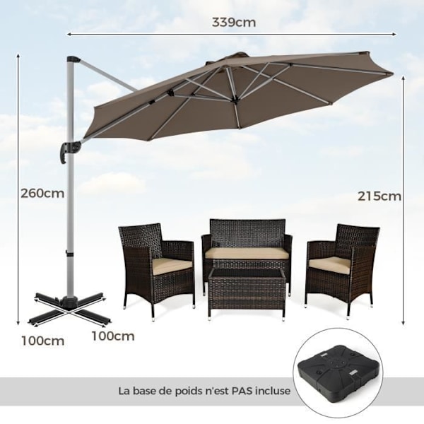 COSTWAY Tilt offset parasol Dia.339x260cm med krydset base 360° rotationshåndsving, 8 ribber til haveterrasse Brun