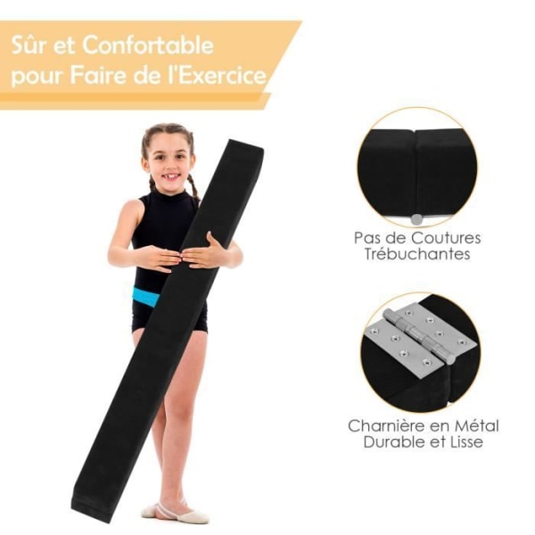 COSTWAY hopfällbar gymnastikbalk för barn - svart mockafodral - 210 cm - 70 kg