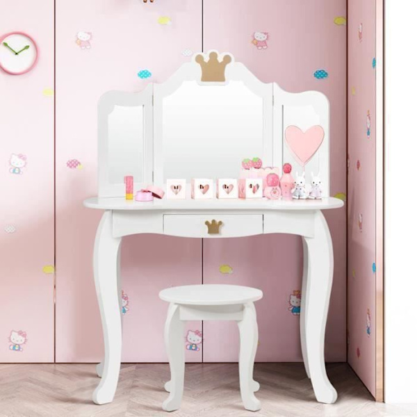 COSTWAY lasten pukeutumispöytä kolminkertaisella peilillä, irrotettava yläosa, jakkara mukana, Pretend Play tytöille Rosa + vit