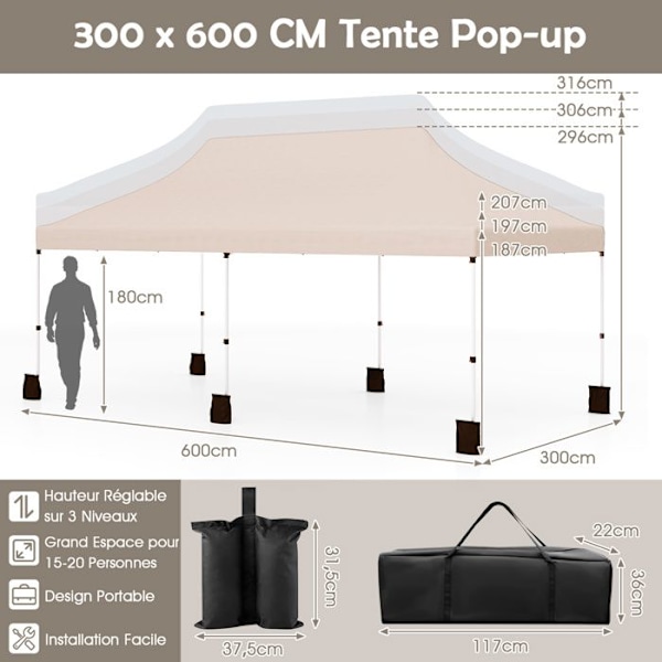 COSTWAY Sammenklappelig Have Telt 3 x 6M - Pop-up 6 Sandposer - Solbeskyttelse - Justerbar Højde til Fest, BBQ Beige