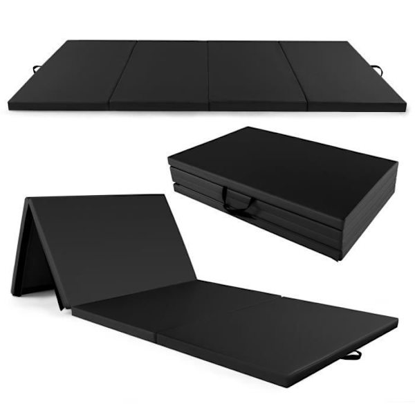 COSTWAY-300 x 117 x 5 cm 4-lags sammenfoldelig gymnastikmåtte med håndtag, PU-lædermåtte med krog og løkke-sort