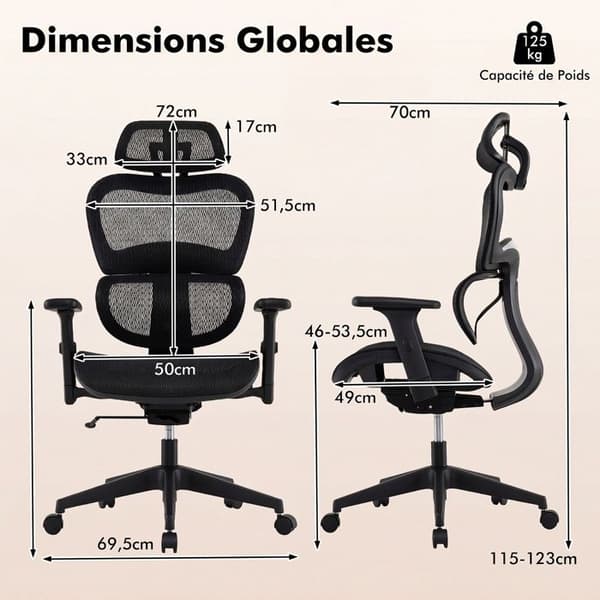 Ergonomisk Kontorstol COSTWAY, Åndbart Mesh, Lændestøtte, Højdejustering, Støjsvage Hjul Sort