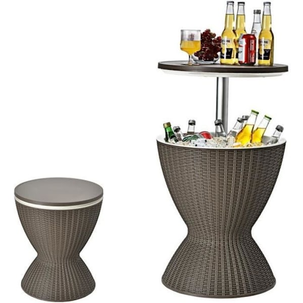 COSTWAY Cool Bar 30L Sofabord 2 i 1 med Hævebord Ø 43 x 57,5-82H cm Rattan-look til Fester Terrasser Haver Brun