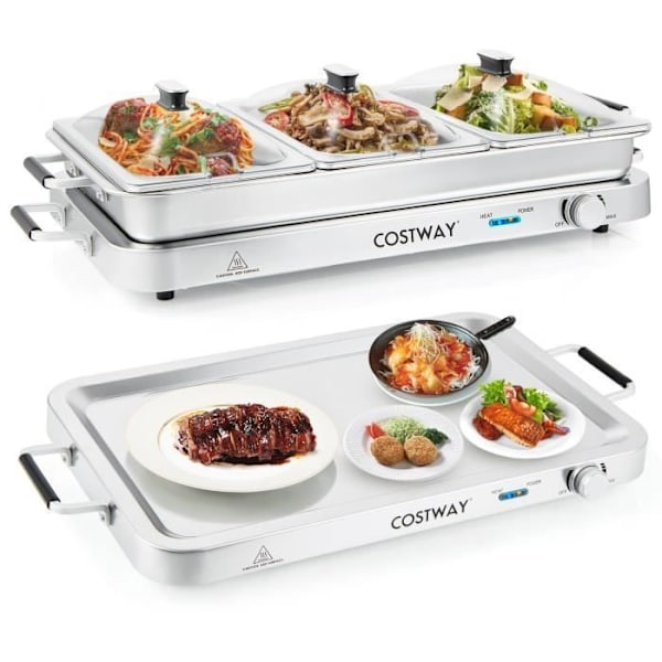COSTWAY 2 i 1 elektrisk matvärmare-450 W-Rostfritt stål-Justerbar temperatur 50-150°C-3 brickor 3 x 3L-halkfria fötter Pengar